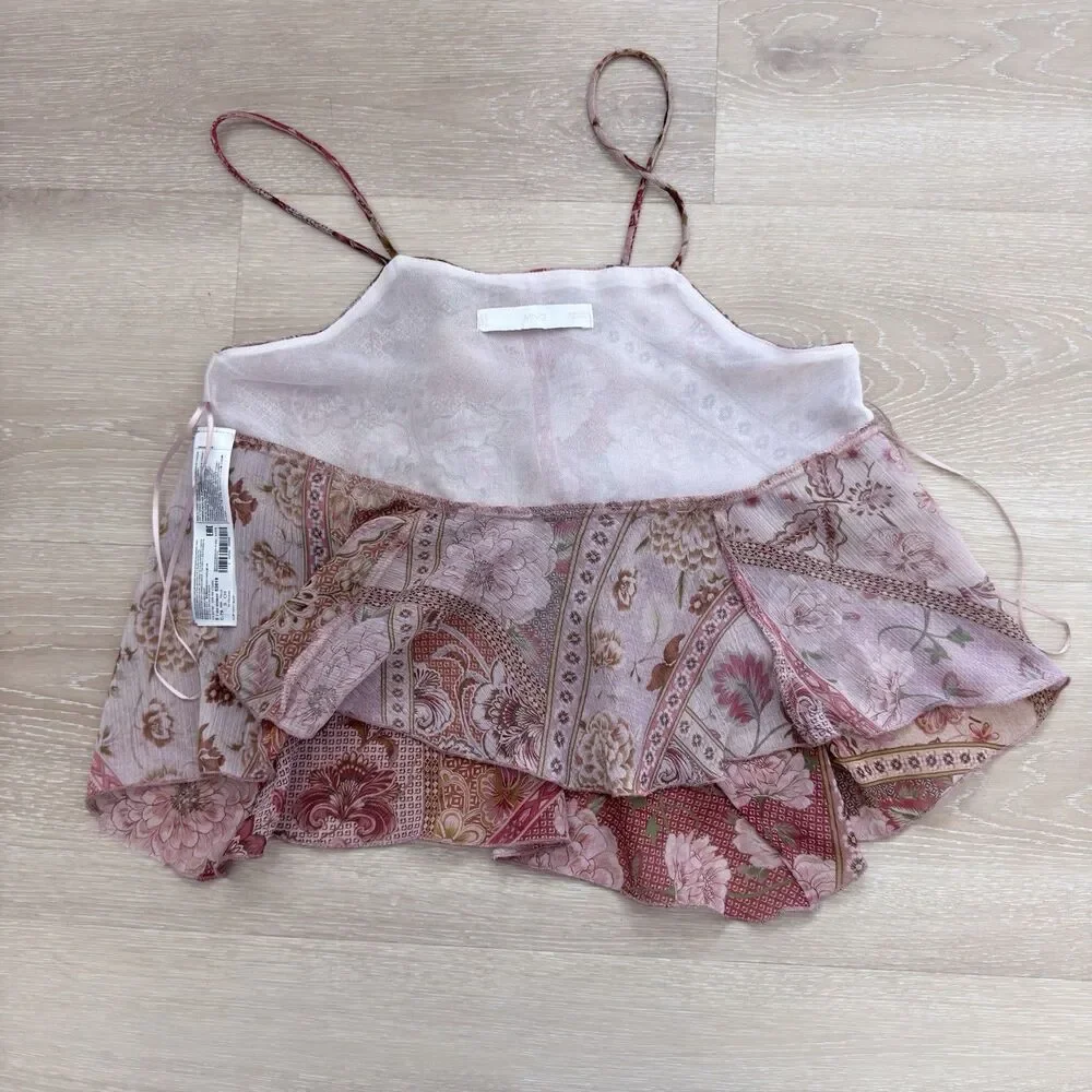 Patchwork Floral Ruffle Tiered Cami Top S MNG Mango Boho Smocked Peplum Summer - Picture 9 of 16
